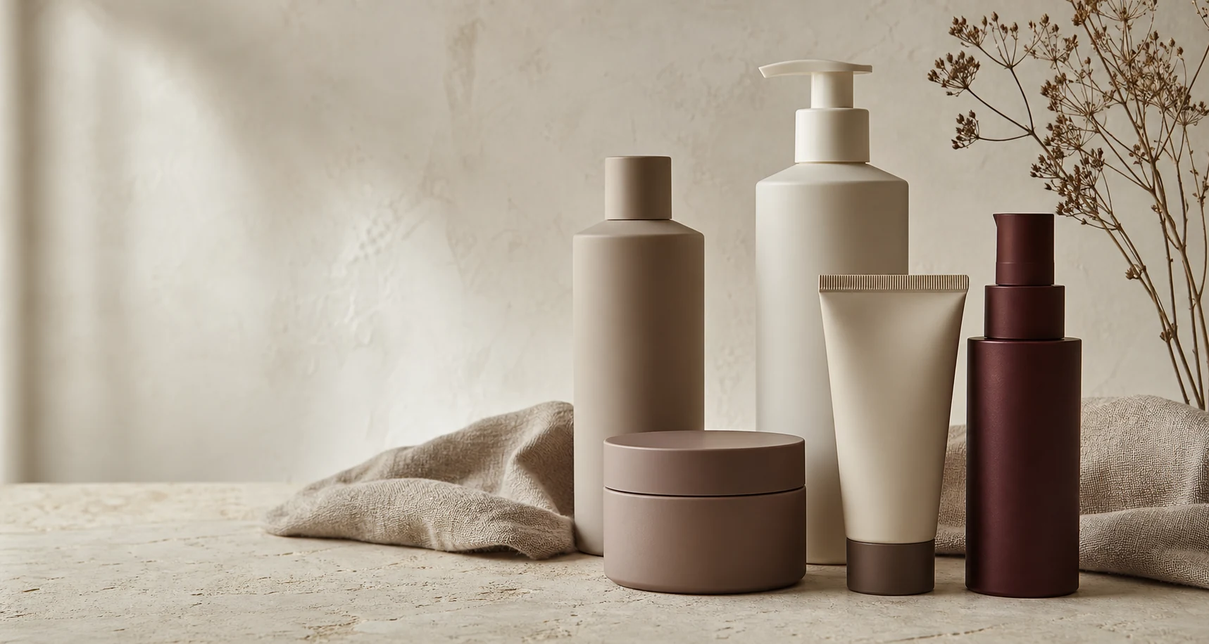 Luxe compositie van merkneutrale haarverzorgingsproducten in warme Favoriev-kleuren